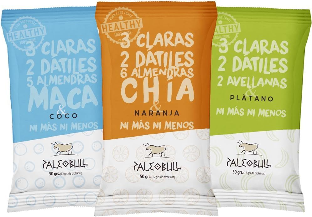 Paleobull Real food protein paleo bar, assorted box: banana, orange & coconut. 100% natural. 15 x 50g. The spanish healthy bar. Energy from nature.