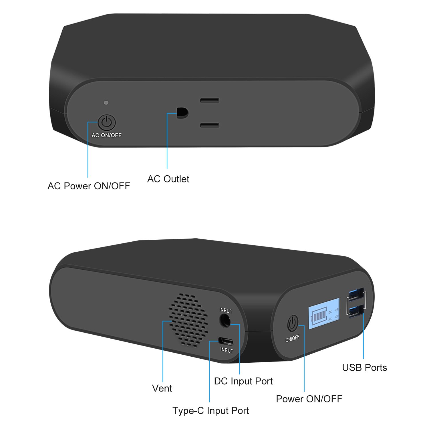 Upow 18000mAh AC Power Bank with 2-USB Ports and 1-AC Outlet for All Laptops, Tablets and Phones Such as iPhone X 8/8 Plus (Black)