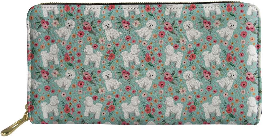 Woisttop Women Gift Wallet Animal Dog Bichon Frisé Flower Floral Coin Purse Credit Card Holder PU Leather Pouch for Gift