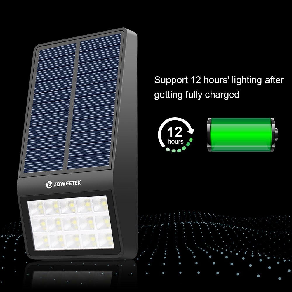 Zoweetek ® Luz de solar 15 LED Impermeable 2000mAh Lámpara con Sensor de Movimiento para jardín casa escaleras o pared [Clase de eficiencia energética A+++]