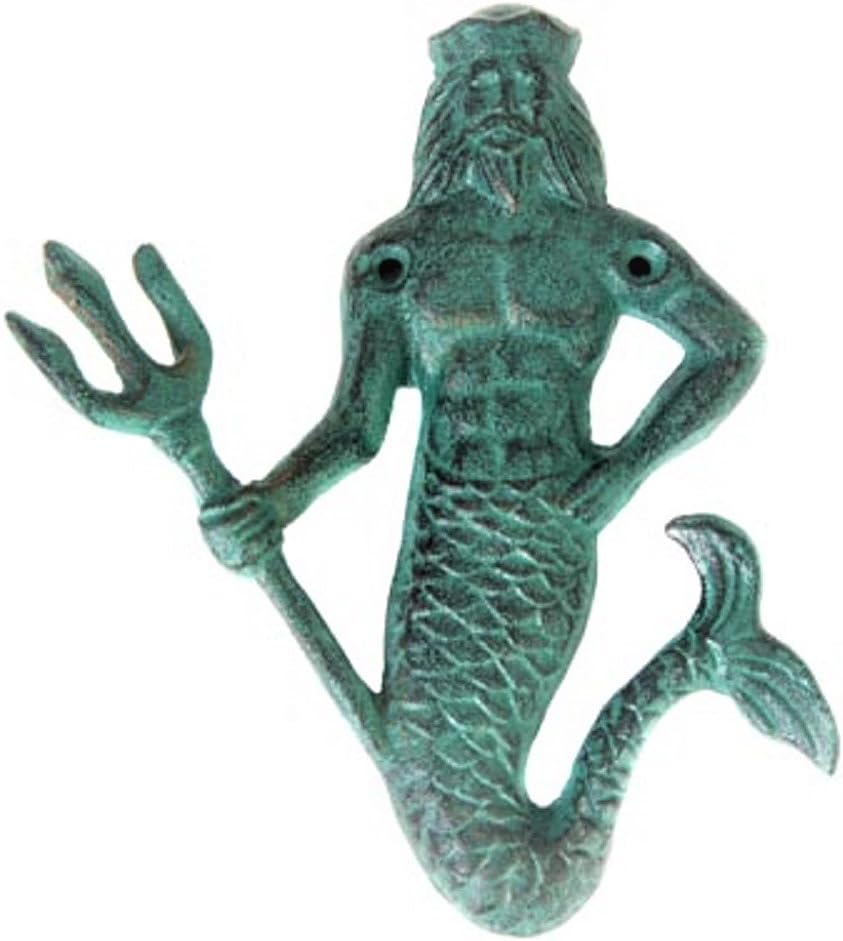 Cast Iron Neptune Hook Green with Mounting Hardware Bronze Verdigris Patina Perfect King of The Sea Merman for Keys, Coats, Hats and Towels