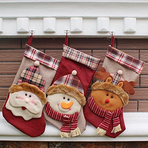 Christmas Stocking, SMTHOME 18" Set of 3 Santa, Snowman, Reindeer, Xmas Character 3D Plush with Faux Fur Cuff Christmas Decorations and Party Accessory(Short hat)