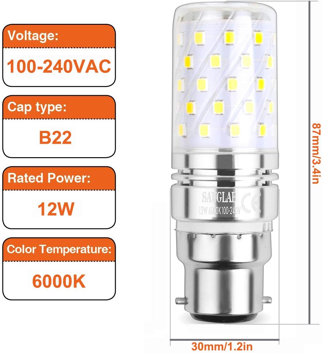SAUGLAE LED Corn Bulbs, B22 Bayonet Cap, 12W, 1450Lm, 6000K Daylight White, Not Dimmable, Pack of 4, Daylight White B22 - Image 3