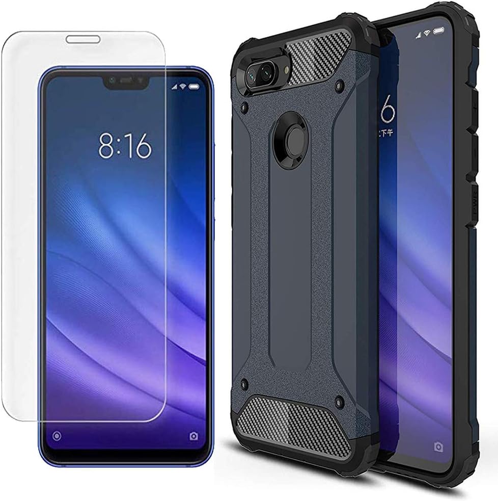 AOYIY 2 in 1 Battlegear Case + 2 Pack Screen Protector,360 Protect your smartphone with Xiaomi Mi 8 Lite Case-Navy blue
