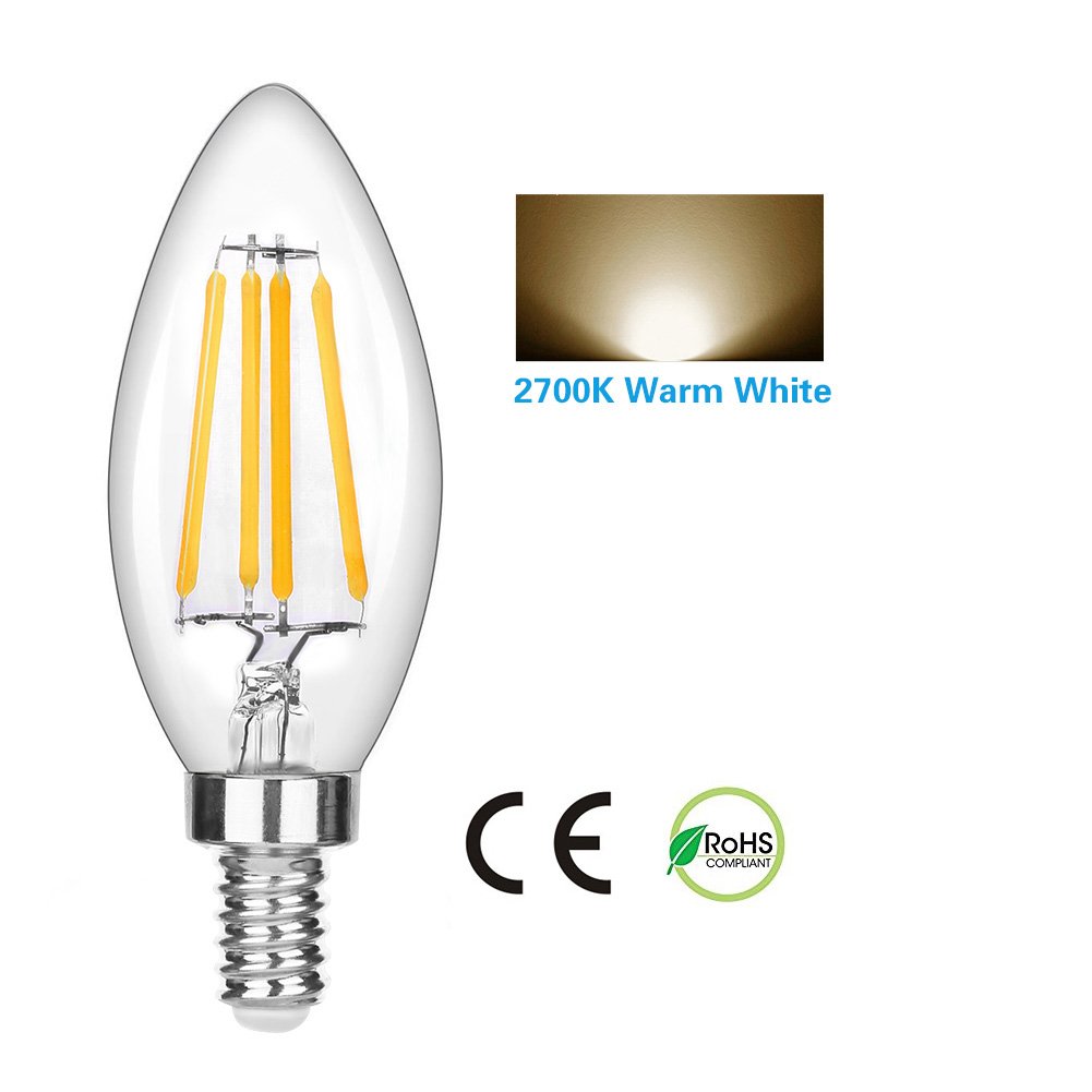 LEDERA Dimmable E12 LED Candelabra Bulb, 4W, 350lm, Candle Light Bulbs, Warm White 2700K, 6-Pack.