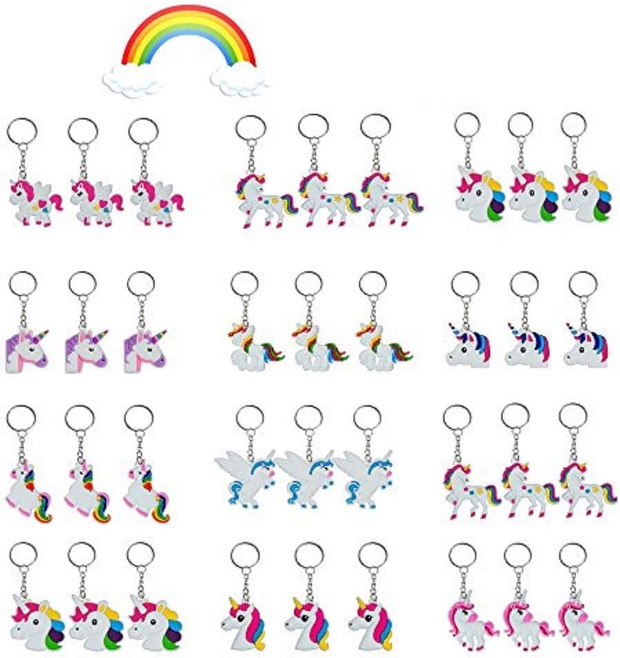 36Pcs Rainbow Unicorn Keychain Key Ring Decoration Birthday Party Favor Supplies gifts for kids, girls, boys ( 12 patterns )