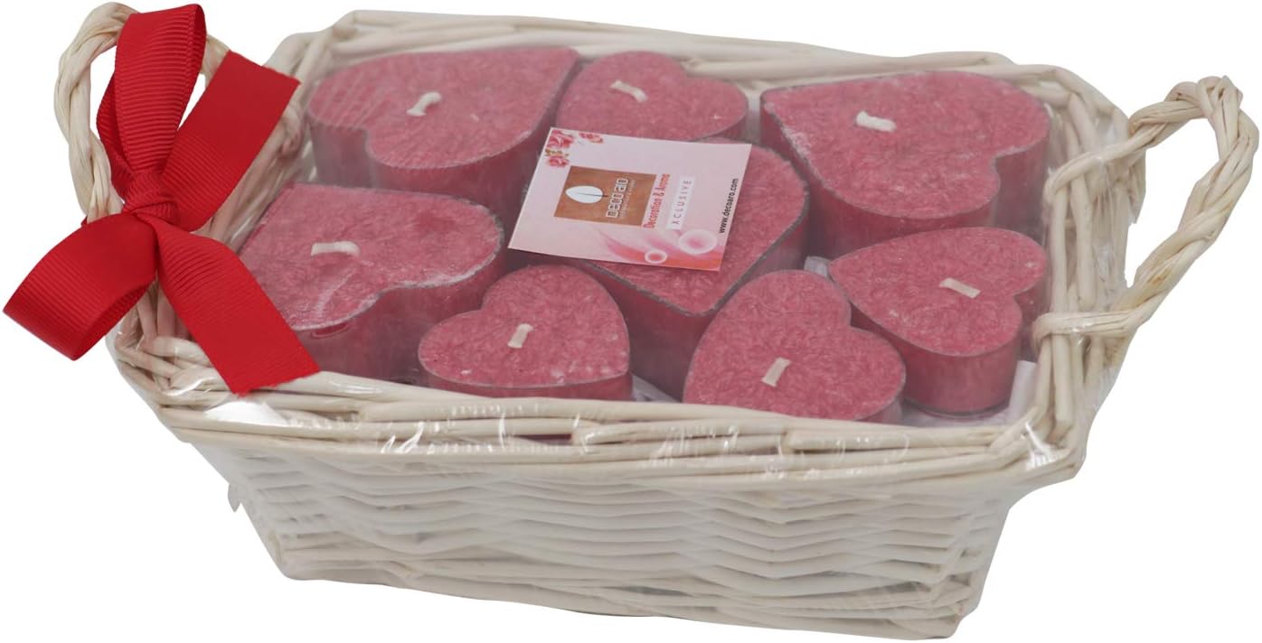 Palm Wax Heart Shape Rose Fragrance Aroma Candle in a Cane Basket Gift Set - 8 Pcs
