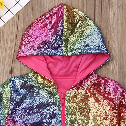 Baby Boy Girls Sequin Outfits Long Sleeve Hooded Zip Sweatshirt Top Pants Set, Toddler Girl Fall Clothes 1-6Y (Rainbow Hooded Top Pants, 2-3 Years) - Thumbnail 2