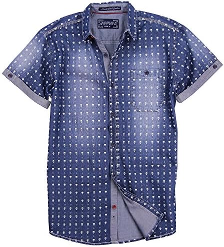 Tranquility Mayhem Men's Short Sleeve Button Down Shirt (Blue Skulls, Medium)