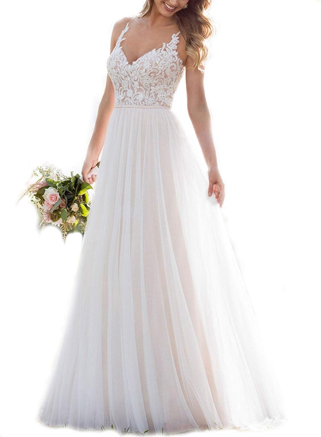 V-Neck Lace Wedding Dresses for Bride Tulle Boho Long A Line Illusion Beach Bridal Gowns 2021