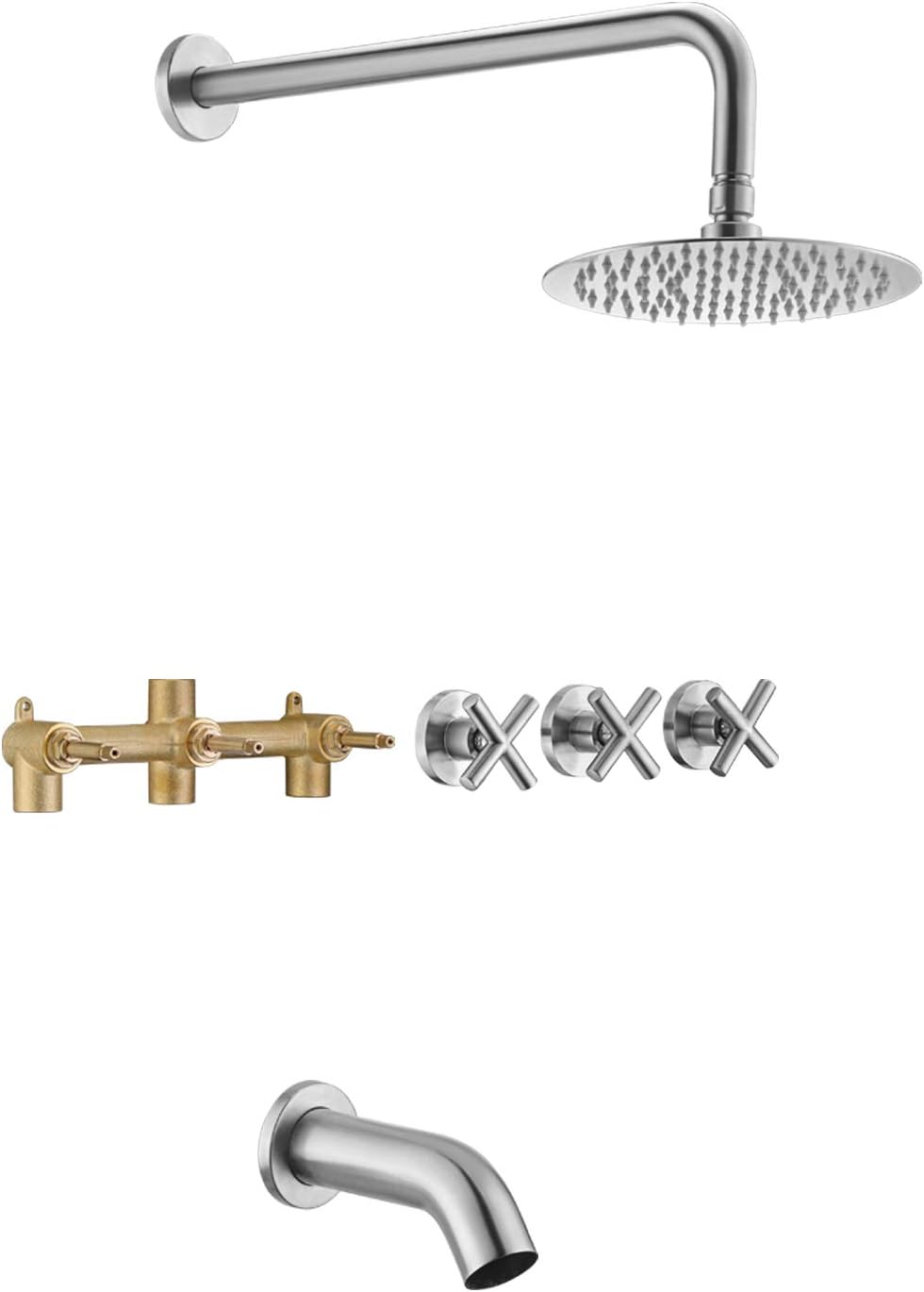 Tub and Shower Faucet Set 3 Handle with Valve Brushed Nickel High Flow Waterfall Tub Spout and Rain Shower Head SUMERAIN