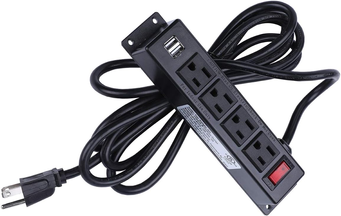 5 Outlet Power Strip With Metal Housing 2 USB Port Mountable Heavy Duty Home