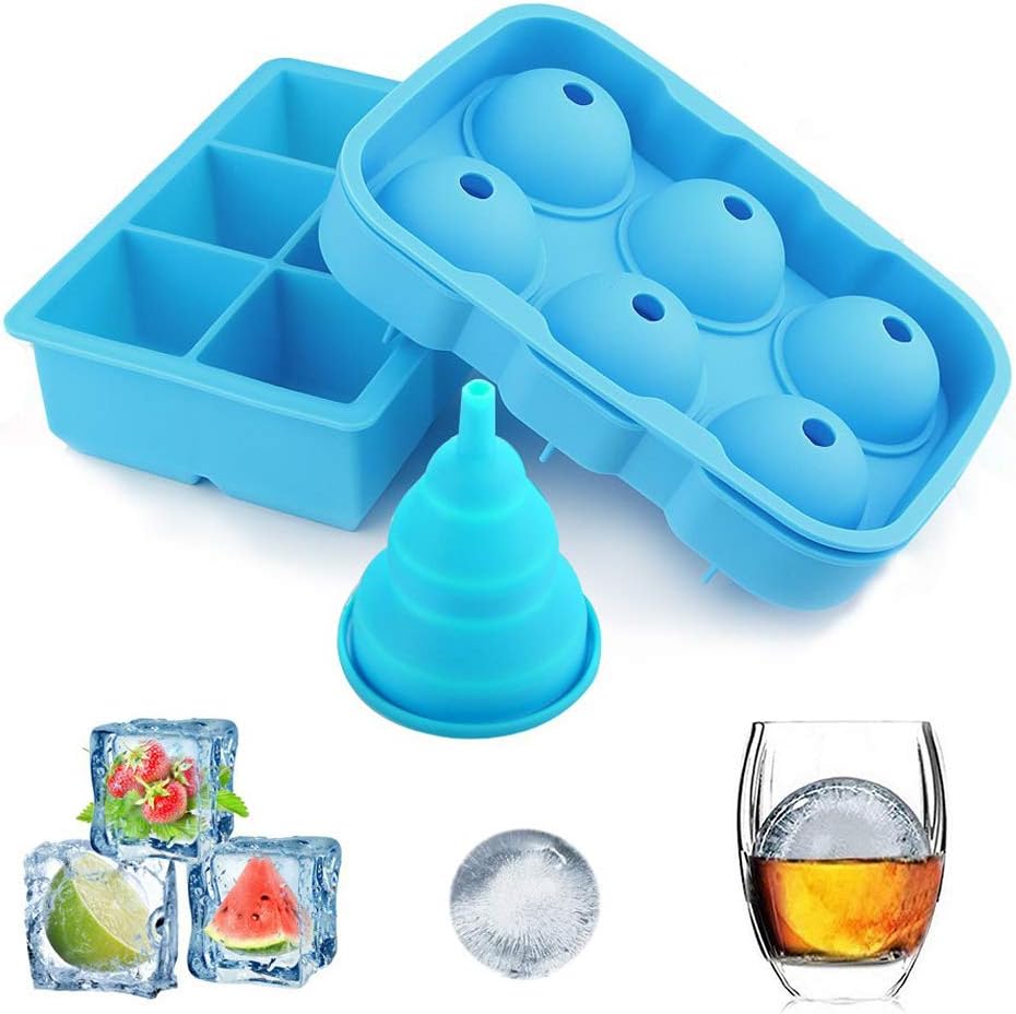 Ice Cube Trays, YECO Ice Ball Maker Tray - 100% Safe Food Grade Silicone Sphere Round Ice Ball Molds- - Flexible & Reusable - keep Whiskey, Drinks, Liquids cool, Foldable Funnel for Liquid Transfer