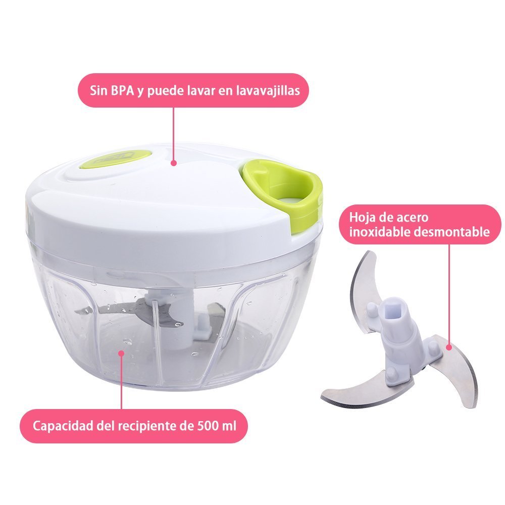 Uten Picadora de Alimentos, Capacidad de 500 ML, 3 Cuchillas de Acero Inoxidable, Cortador de Verduras para Verduras / Frutas / Carne, etc, Color Blanco y Verde