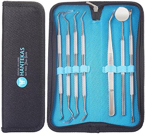 Dental Tools Stainless Steel Dental Hygiene Kit Set With 7 Dental Instruments:Dental Tartar Scraper Plaque Tartar Remover,Dental Pick Dental Probe,Dental Mouth Mirror,Dental Sickle Scaler,Tweezers