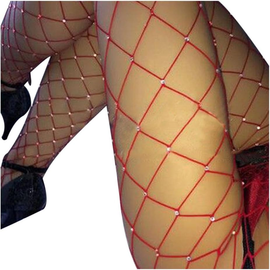 Hunzed Fashion Women Socks Rhinestone Socks Sexy Fishnet Elastic Stockings Big Fish Net Tights Pantyhose (Red)