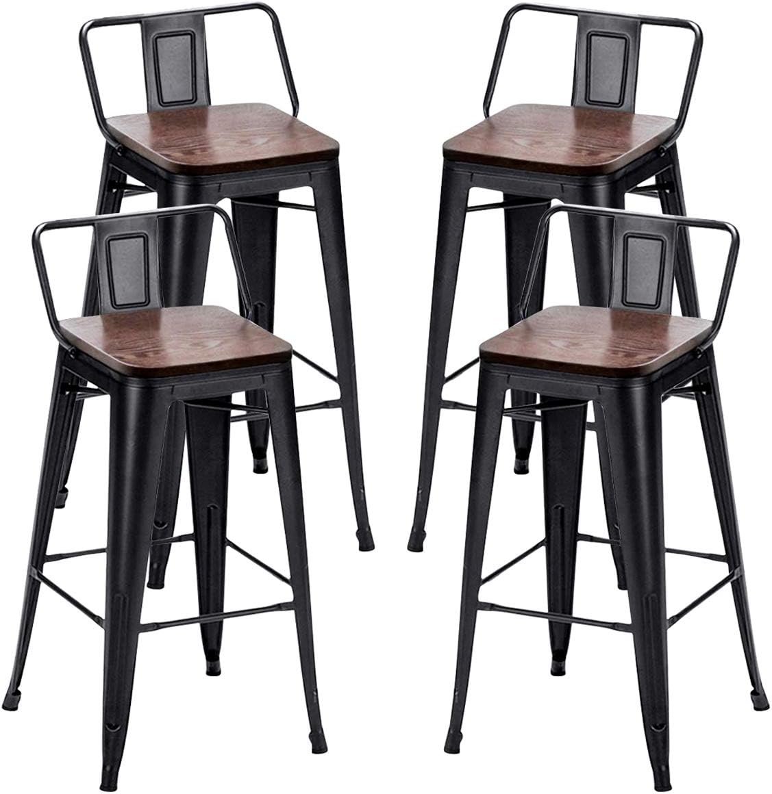Alunaune 24&rdquo; Metal Bar Stools Set of 4 Counter Height Barstools Industrial Counter Stool with Wood Top (Low Back,Matte Black)