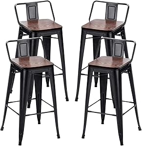 Alunaune 24&rdquo; Metal Bar Stools Set of 4 Counter Height Barstools Industrial Counter Stool with Wood Top (Low Back,Matte Black)