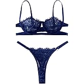 Lilosy Sexy Eyelash Underwire Floral Lace Sheer O Ring Linked Cutout Lingerie Set