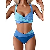 B2prity Bikini Sets for Women Two Piece Swimsuit Mid Rise Color Block Bathing Suit Tie Back Swimwear