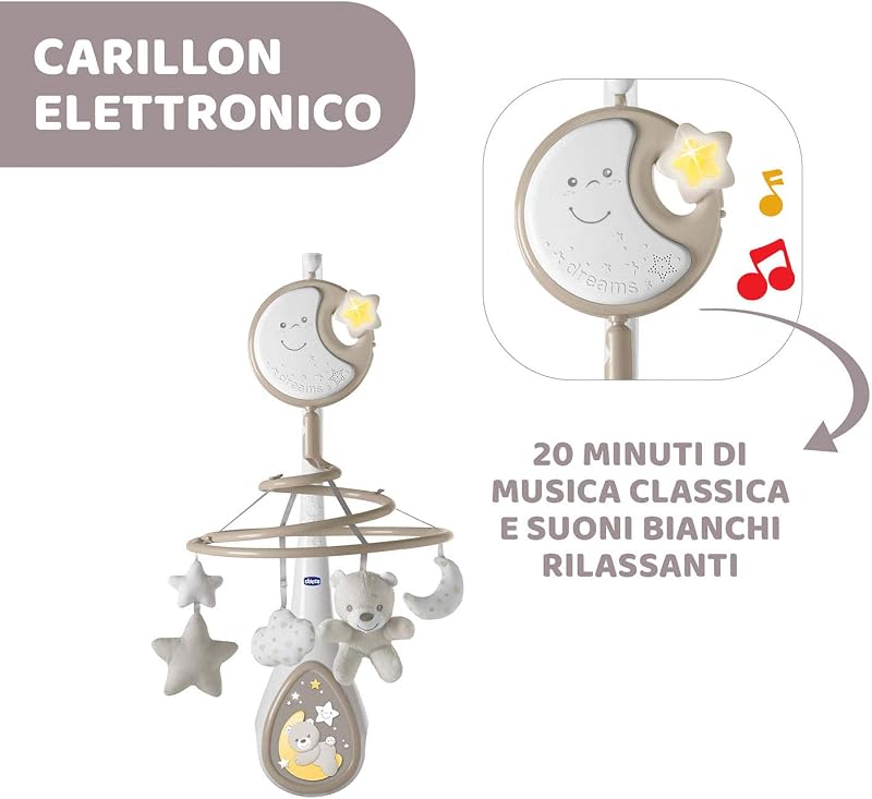 Next2Dreams Giostrina Neonato 3in1 con Carillon Elettronico per Culla e Lettino, Compatibile con Culla Chicco Next2Me, con Effetti Sonori, Proiettore di Luce Soffusa, Musica - 0+ Mesi, Neutro