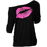 Smile Fish Women Casual Oversized Sexy Lips Print Off Shoulder T-Shirt
