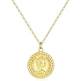 MEVECCO Carved Gold Coin Pendant Necklace for Women,18K Gold Plated Dainty Minimalist Necklace for Women