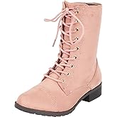 Forever Link Womens Round Toe Military Lace Up Knit Ankle Cuff Low Heel Combat Boots