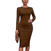 Kaximil Women's Sexy Bodycon Ruched Long Sleeve Basic Midi Club Party Pencil Dresses