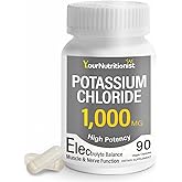 Potassium Chloride 1000mg Supplement, Electrolyte Balance Support | Your Nutritionist Potassium Supplement, Heart &amp; Muscle Support, Daily Mineral Nutrition, Vegan Capsules, 90 Count