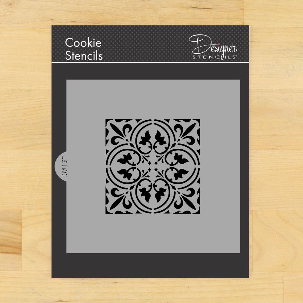 Small Scroll Tile (3 Inch) Cookie and Craft Stencil | Reusable Painting Template for Tiles, Cakes, Furniture, Wall Floor, Decor | CM137 by Designer Stencils