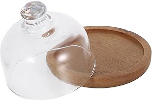 KALLORY Cake Plate with Dome Glass Cover and Wooden Tray, Reusable Dessert Stand for Cupcakes and Fruit