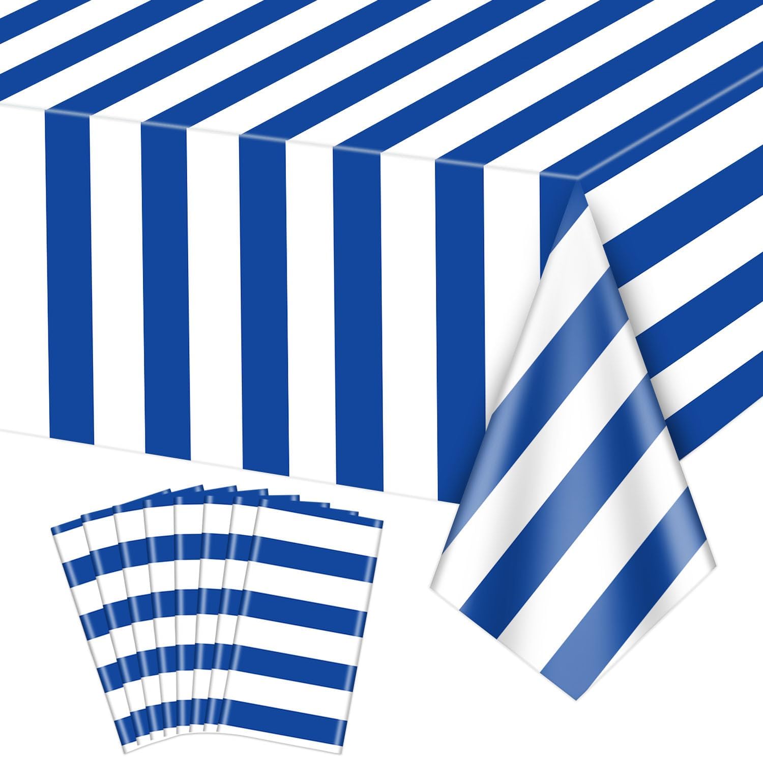 PIXHOTUL 8 Pcs Navy Blue and White Striped Tablecloths Nautical Tableccover Blue Stripes Plastic Table Decorations for Nautical Ocean Theme Party, Boy's 1st Birthday, 51 x 86 in