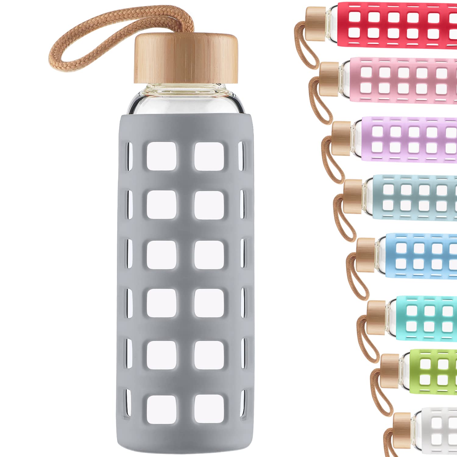 Cleesmil Sports Glass Water Bottle with Silicone Sleeve with Bamboo Lid BPA Free 360 ml (Grey — image 1