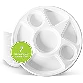 three leaf 7 COMPARTMENT BAGASSE ROUND PLATE, 50 Ct. Heavy-Duty- Super Strong- Natural- Eco-Friendly Disposable Bagasse Plates, 100% Biodegradable 7 compartment plates