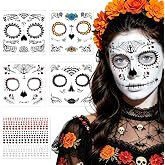 Day of The Dead Makeup Kit with Sugar Skull Face Tattoos and Face Gems | Day of The Dead Face Tattoos Stickers, Dia De Los Muertos Costume Accessories, Halloween Parties Favors (Day5)