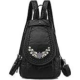 NIGEDU Vintage Embroidered Women Backpacks Soft PU Leather Backpack Purse Small Female Travel Bag Black Chest Packs (Rhinestones)