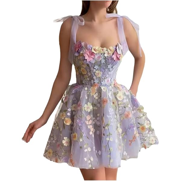 3D Floral Dress Women's Strappy Flower Dress Party Dress Embroidery Sheer  Lace A Line Wedding Dress Princess Dress (Purple-mini,Large,US,Alpha,Large,Regular,Regular)  at Amazon Women's Clothing store