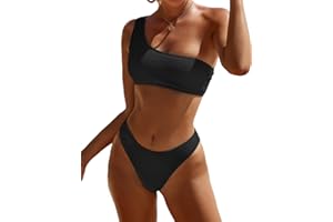 YIMISAN Women's Ribbed Bikini Sets One Shoulder Top with Mid Waist Two Piece Bathing Suit