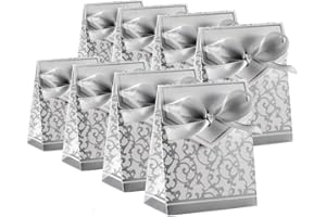 KUPOO 50PCS Candy Boxes,Silver Ribbon Wedding Favor Boxes Candy Bag Cake Box for Wedding Party Decoration Easter (silver)
