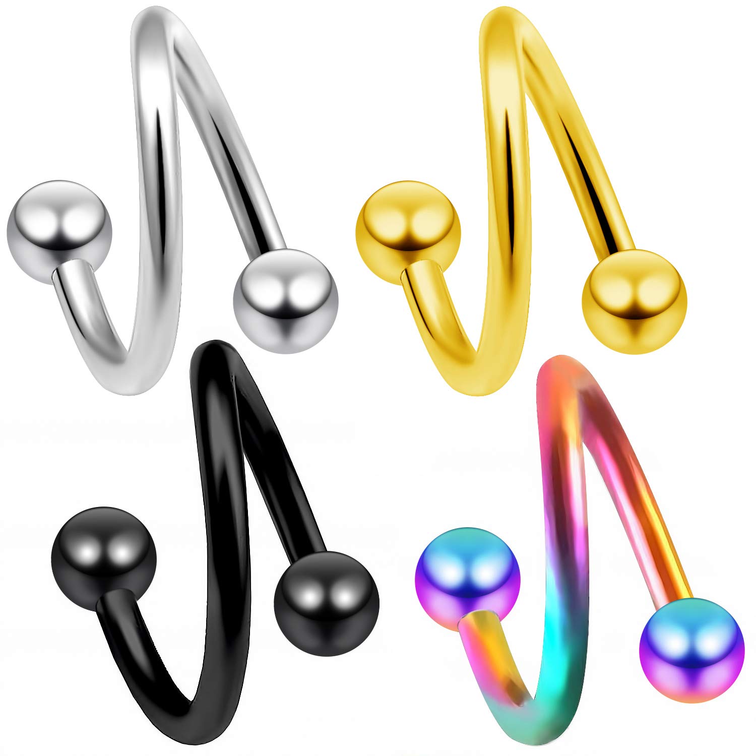 4pc Twisted Barbell 16g 1.2mm Spiral Pierced Earring Twist Daith Helix Tragus Banana Belly Button Ring Navel Bar 8mm