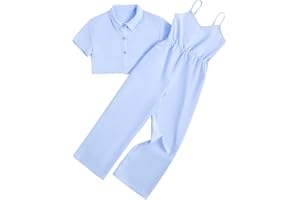 OYOANGLE Girl's 2 Piece Outfits Short Sleeve Button Down Shirt Crop Top and Wide Leg Pants Jumpsuit Set