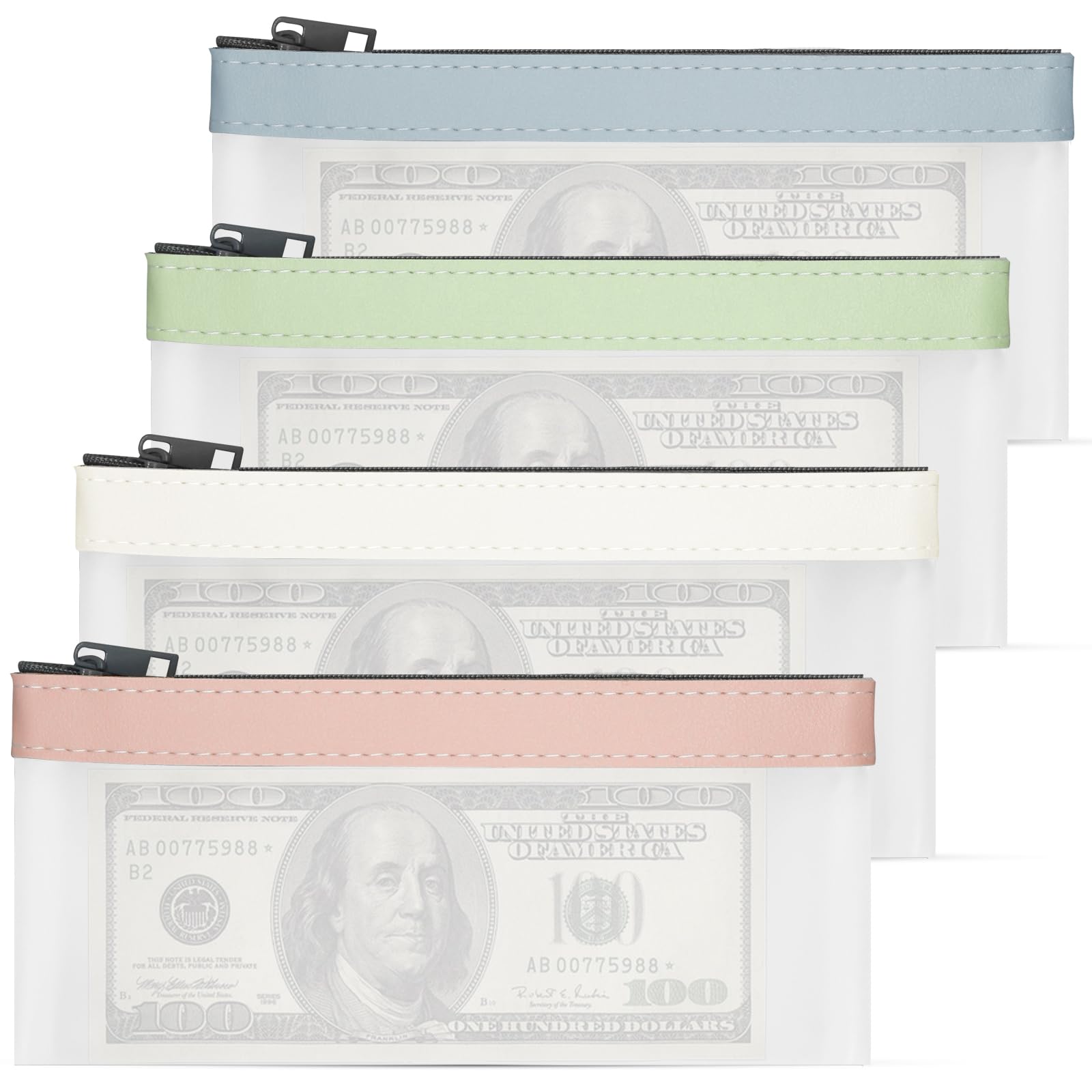 4Pcs Money Bags with Zipper, Money Pouch Cash Envelopes Bank Bag, Clear Money Organizer Money Envelopes for Cash, Multi-Purpose Cash Organizer Cash Holder Cash Wallet for Money Coin Tool (4Colors)