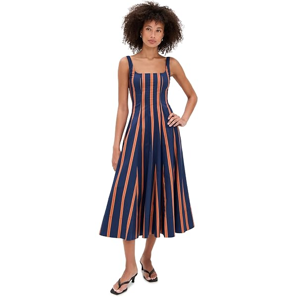 staud lorenza midi dress Staud Women's Midi Lorenza Dress, Ivory Micro Stripe