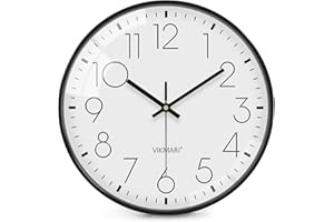 VIKMARI Wall Clock Glass Black White 8 Inch Round Modern Simple Slient Non-Ticking Quartz Wall Clocks Battery Operated Easy t