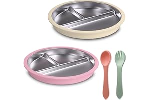 Maccvk Stainless Steel Toddler Plate with Suction, 9” Divided Plates with Removable Silicone Sleeves for Kids, Non Toxic & BPA Free | Non Slip | Unbreakable Baby Snack Dishes Set of 2, Beige & Blush