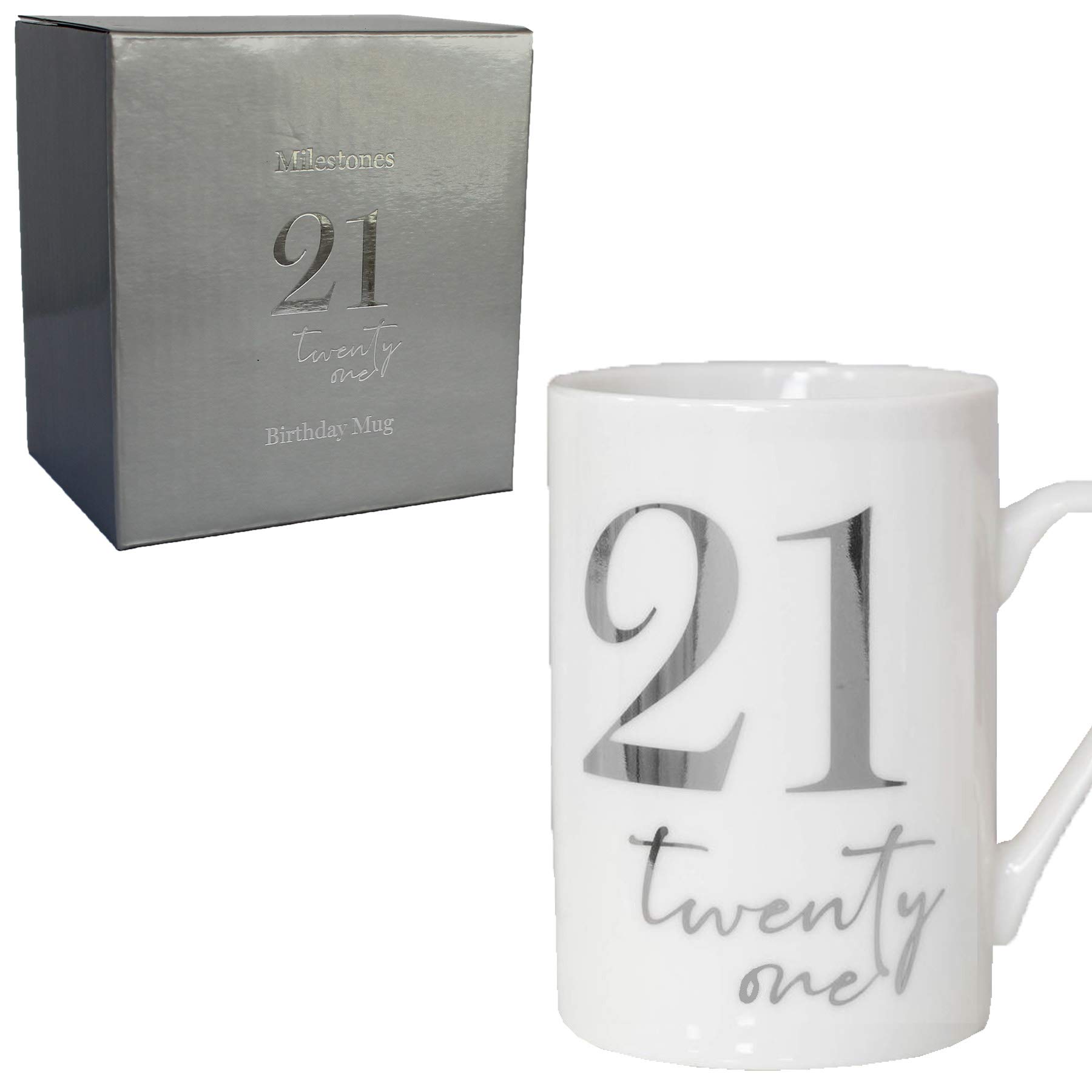 Widdle Gifts White Bone China Mug with Silver Foil Number - 21 Twenty one 21st Birthday