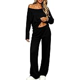 Dressmine Womens Lounge Sets Oversized Off Shoulder Top Loose Pant Pjs Set | Lightweight, Casual Loungewear, Women's 2 Piece Sexy Pajama Set, Long Sleeve Straight Leg Pants, Matching Casual Fall Outfits