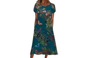 DOPOCQ Women's Summer Crew Neck Shirt Dress Casual Short Sleeve Pleated Flowy Long Maxi Dresses with Pocket