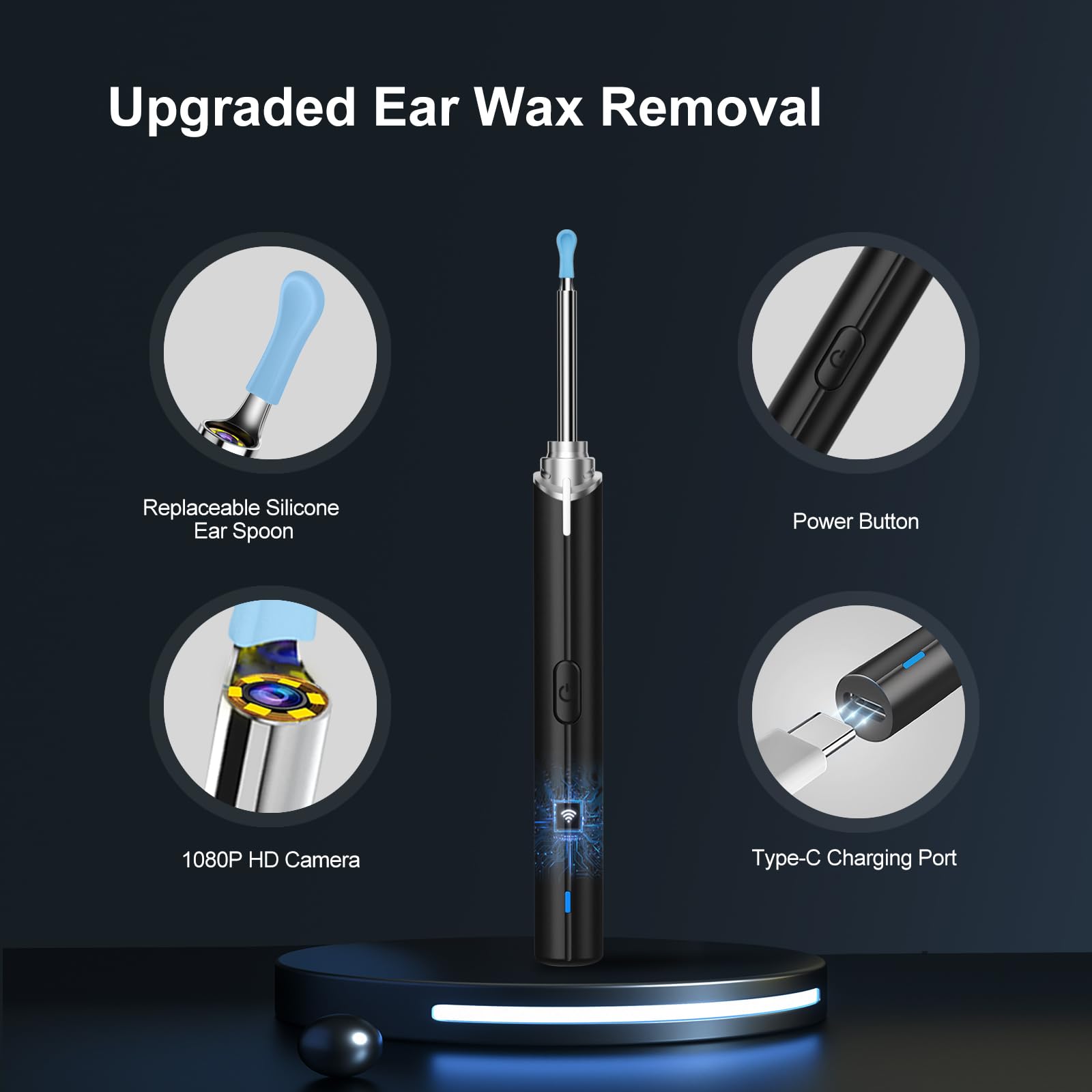 Ear Wax Removal, Ear Cleaning kit with 1296P Camera, Ear Camera with 6 LED Lights, Earwax Remover Tool for iPhone, iPad & Android, Ear Cleaner Earwax Removal Kit Black